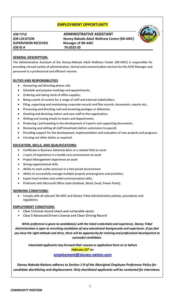 Job posting: Stoney Nakoda Adult Wellness Centre, administrative assistant